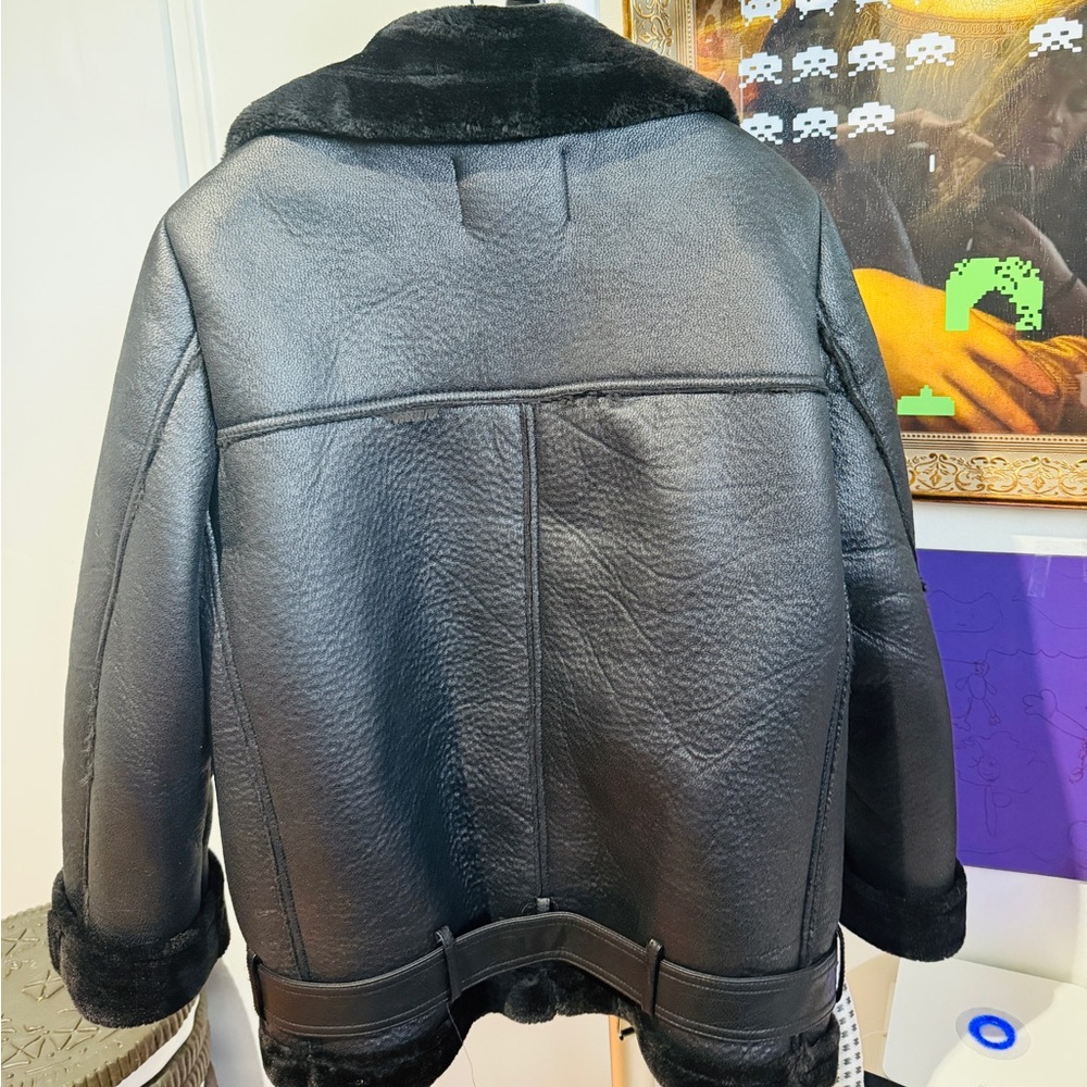 NWT Zara Faux Leather Shearling Buckle Biker Moto Jacket Black Sherpa